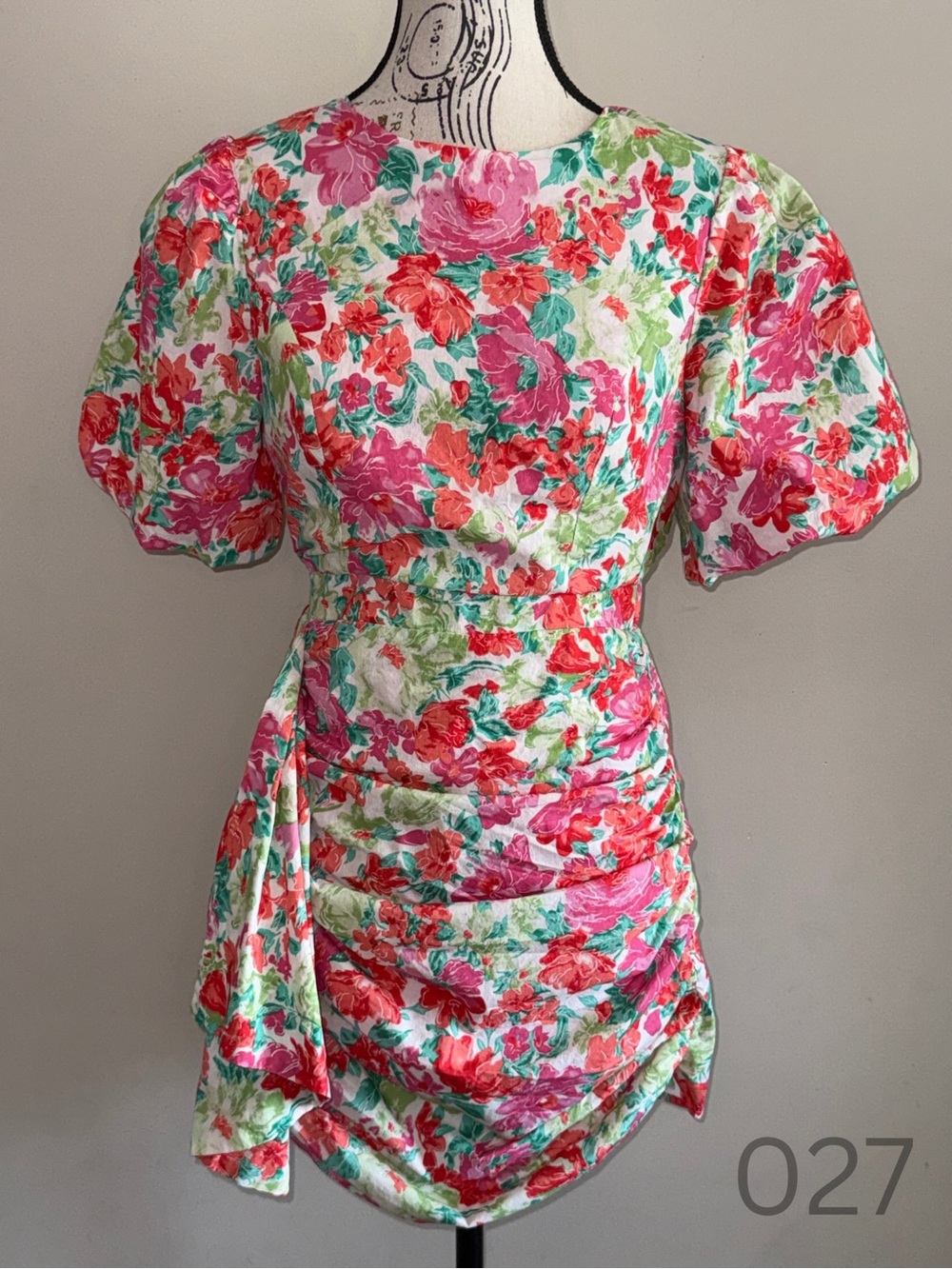 Lele Floral Puff-Sleeve Mini Dress - Pink & Green - Size M
